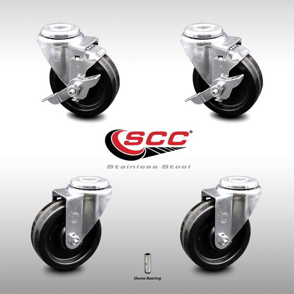 4 Inch SS Phenolic Wheel Swivel Bolt Hole Caster Set with 2 Brake